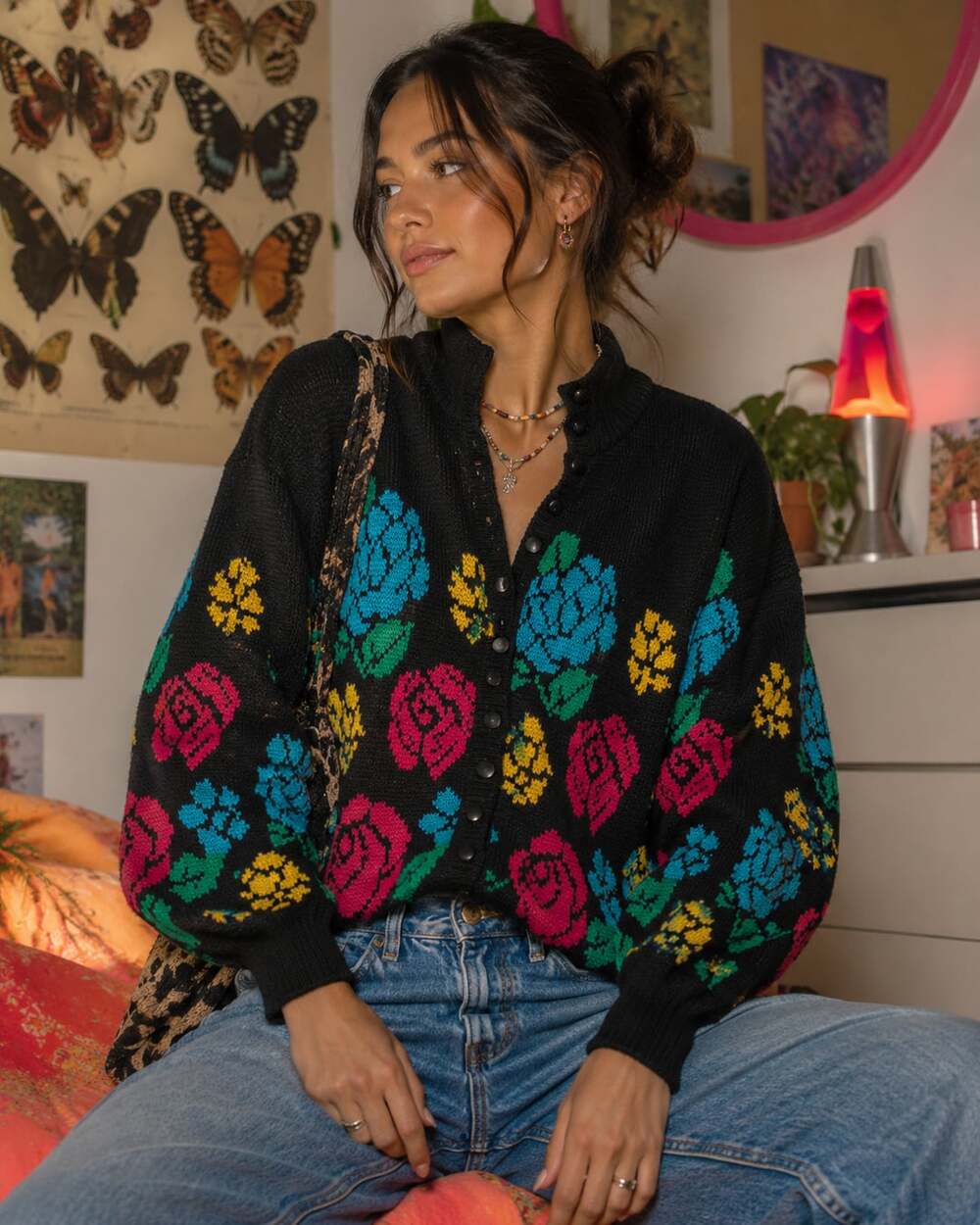 Vintage 80s B2000 Black Floral Rose Cardigan Sweater Size M Y2K Maximalist retro